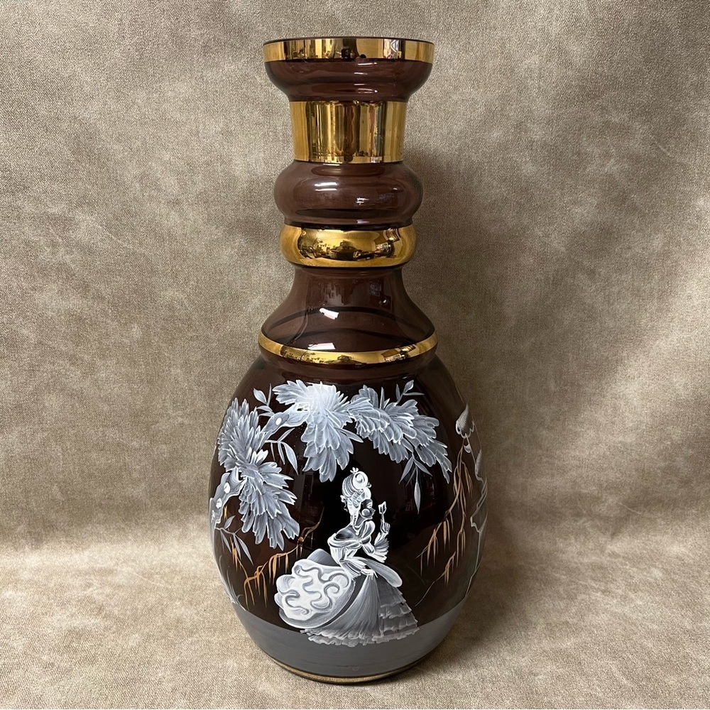 19th Century Mary Gregory Tall Hand Painted Glass Vase 15” Tall